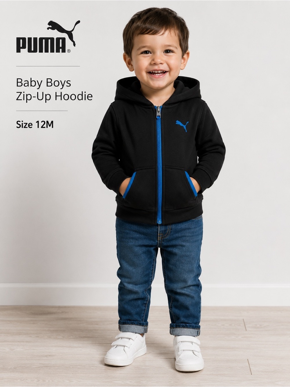 PUMA Baby Boys Black & Blue Zip-Up Hoodie - Size 12M